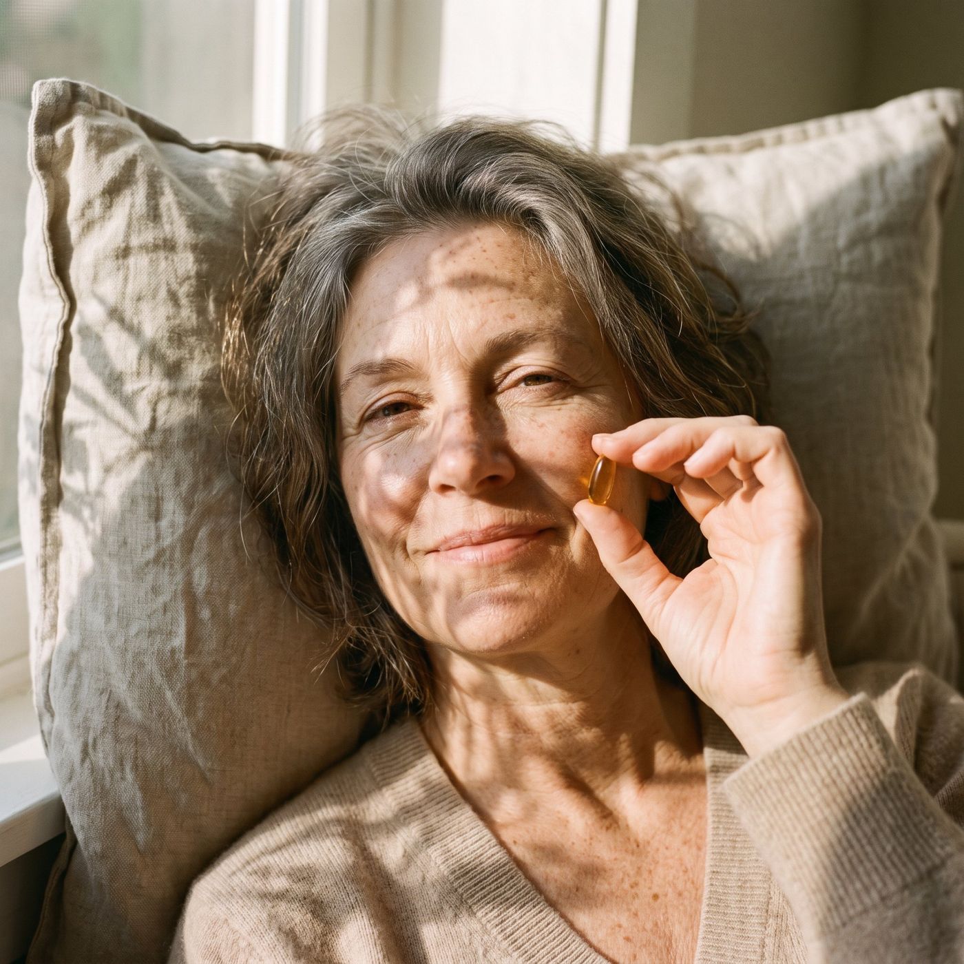 Woman in her fifties relaxing in warm sunlight holding one amber softgel