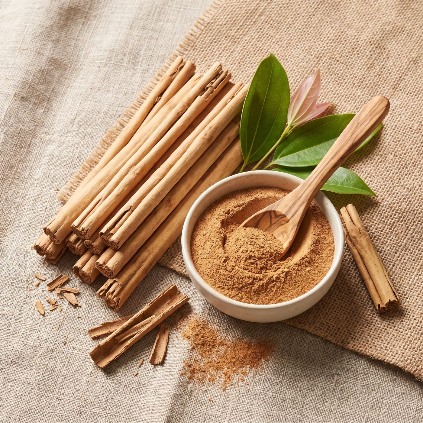 True Ceylon cinnamon quills, ground cinnamon and fresh cinnamon leaves on linen