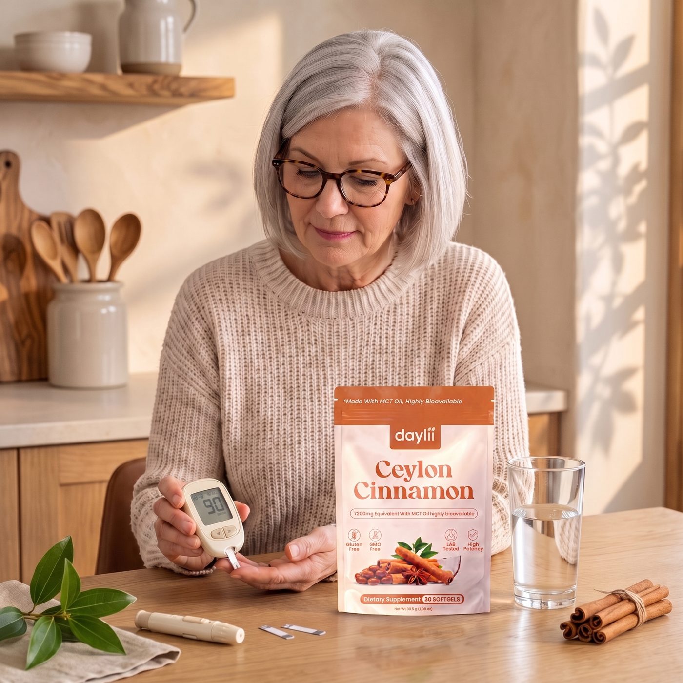 Woman calmly checking her blood sugar at the kitchen table next to a pouch of Daylii Ceylon Cinnamon