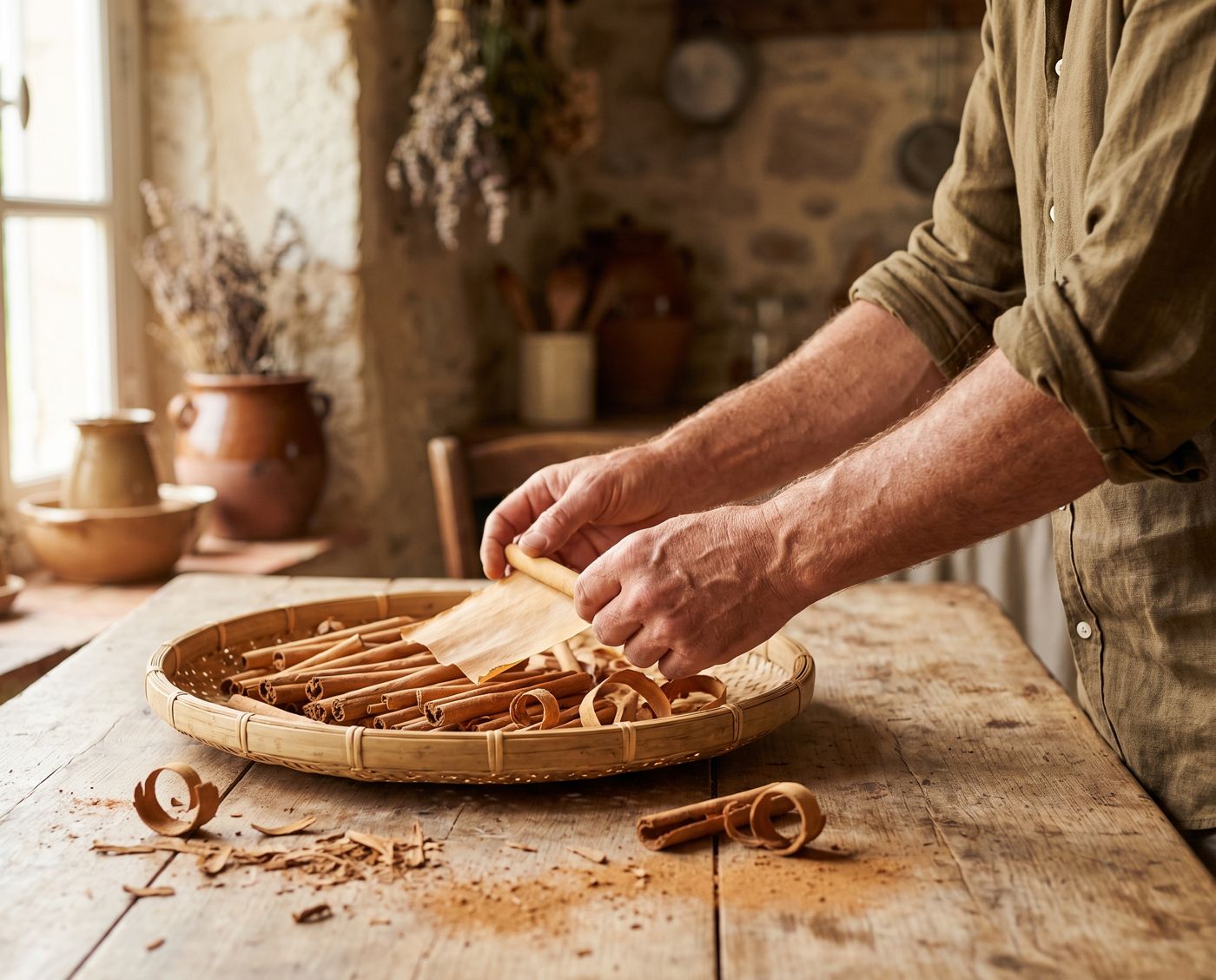 Hands rolling freshly peeled Ceylon cinnamon quills over a bamboo tray