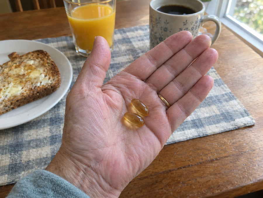Two Daylii Royal Jelly softgels in a woman's palm at the breakfast table
