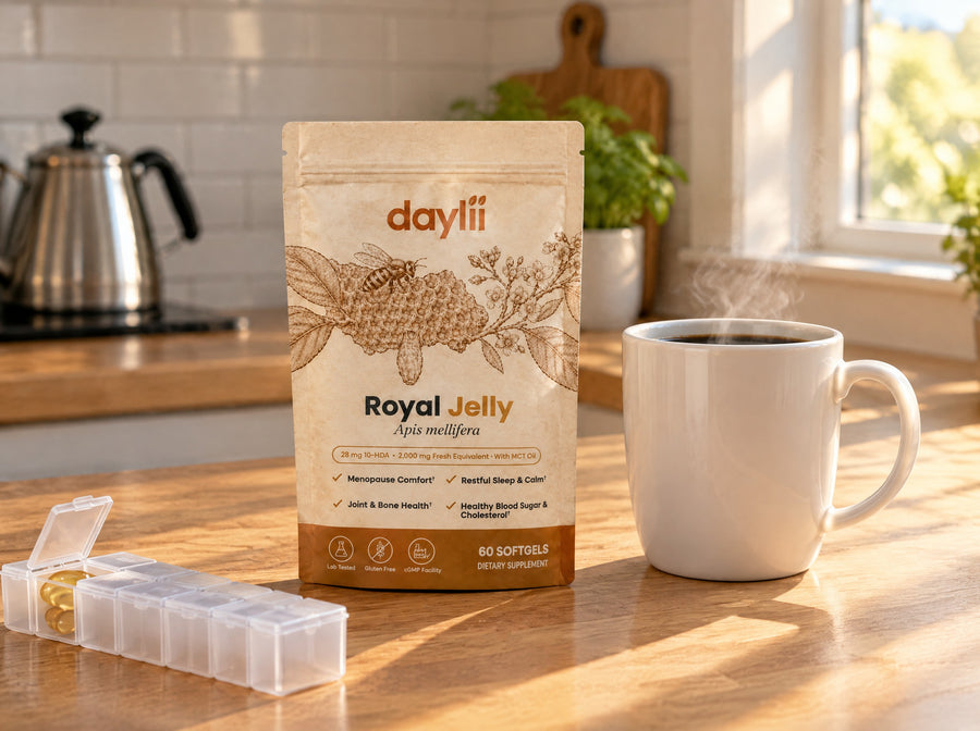A Daylii Royal Jelly pouch on a kitchen counter in morning light, coffee mug nearby