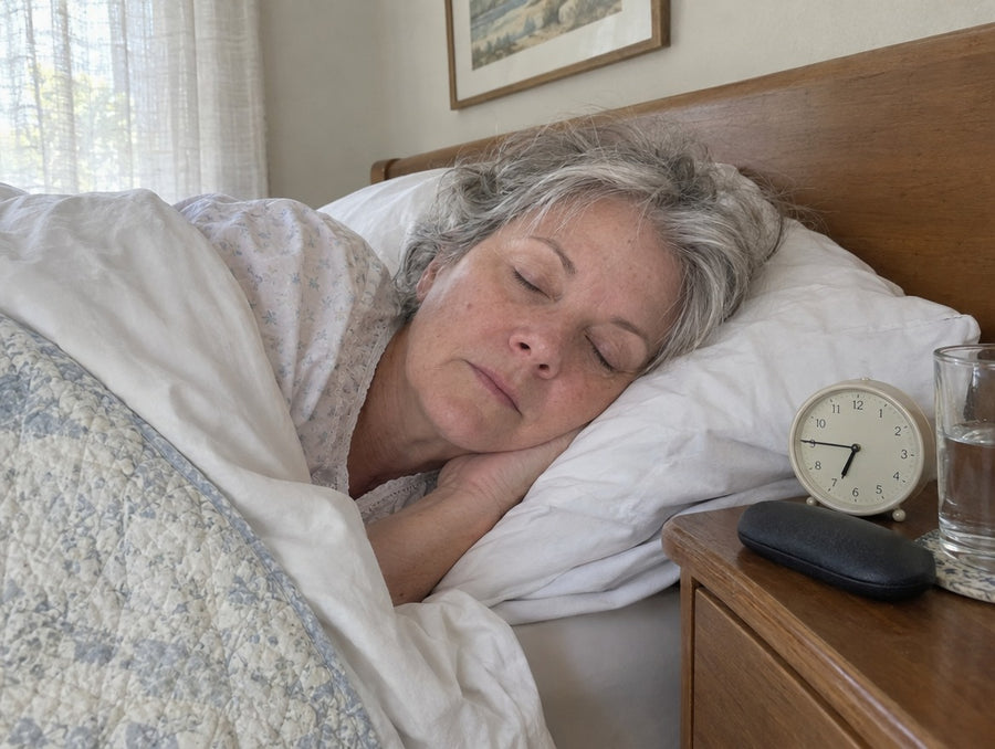 A woman in her 60s asleep calmly in soft morning light