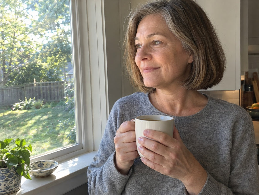 A woman around 58 with coffee at a sunny window, relaxed and smiling