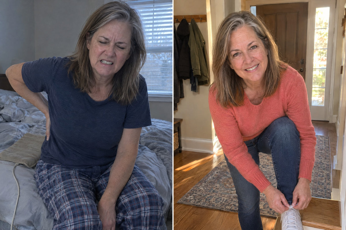 Before: sitting on the edge of the bed at 6:40 a.m., hand on a locked lower back. After: bending to tie her shoes with ease