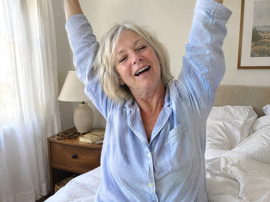 A woman in her late 50s rising easily from the bed in soft morning light