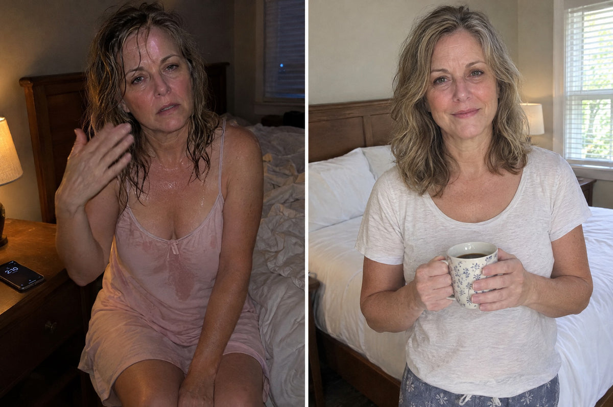 Before: soaked sheets and a woman fanning herself at 2 a.m. After: a dry, made bed in morning light