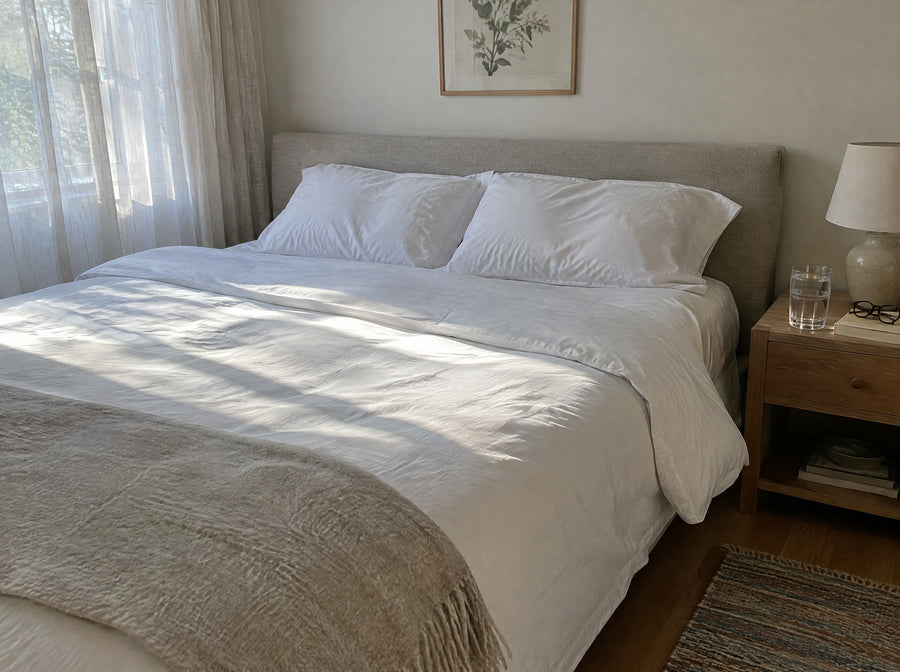 A made bed with dry white sheets in soft morning light