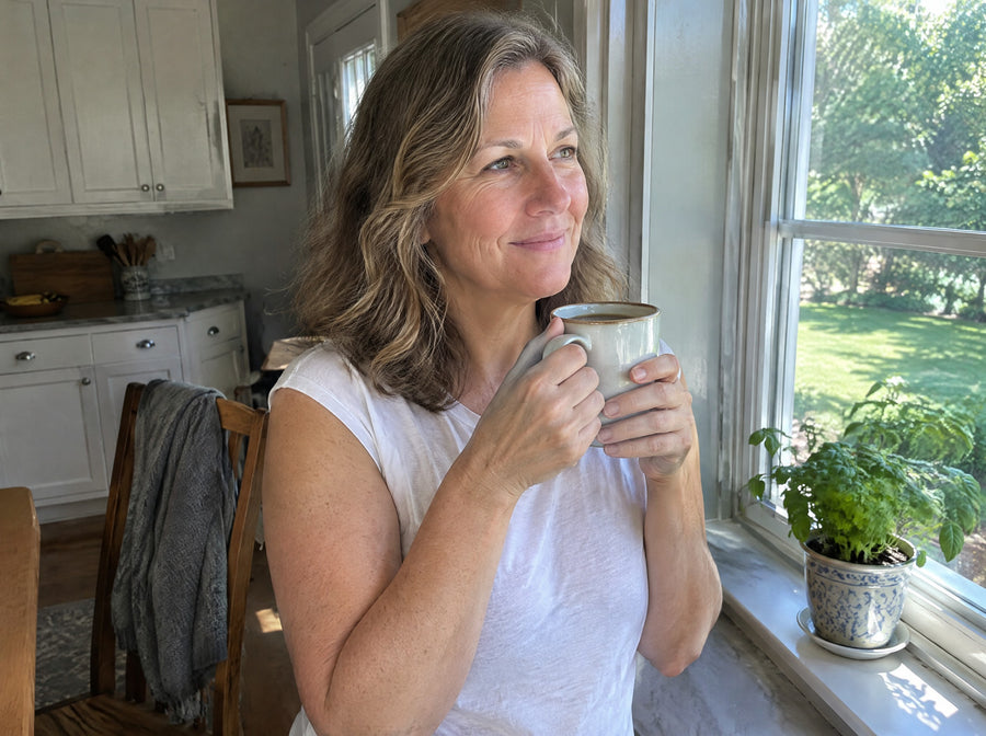 A woman around 56 in a light top at a sunny kitchen window, relaxed and smiling