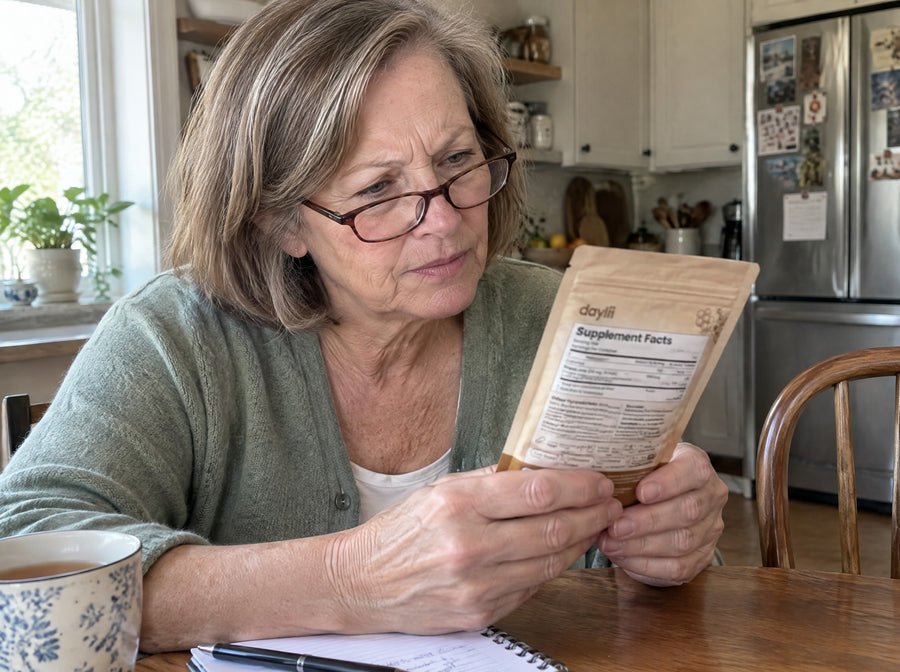 A woman reading the Daylii label closely at her kitchen table