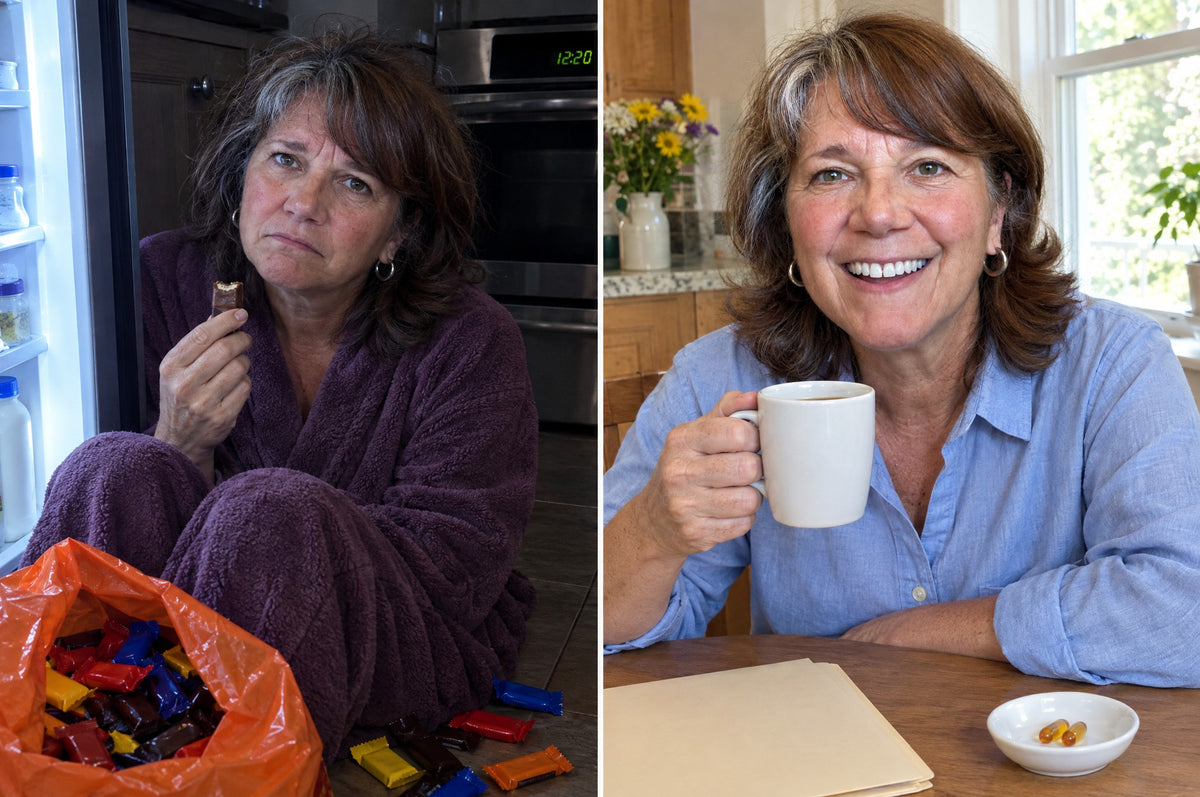 Before: standing at the kitchen counter at midnight with a bag of candy. After: relaxed morning breakfast with a doctor's visit folder on the table