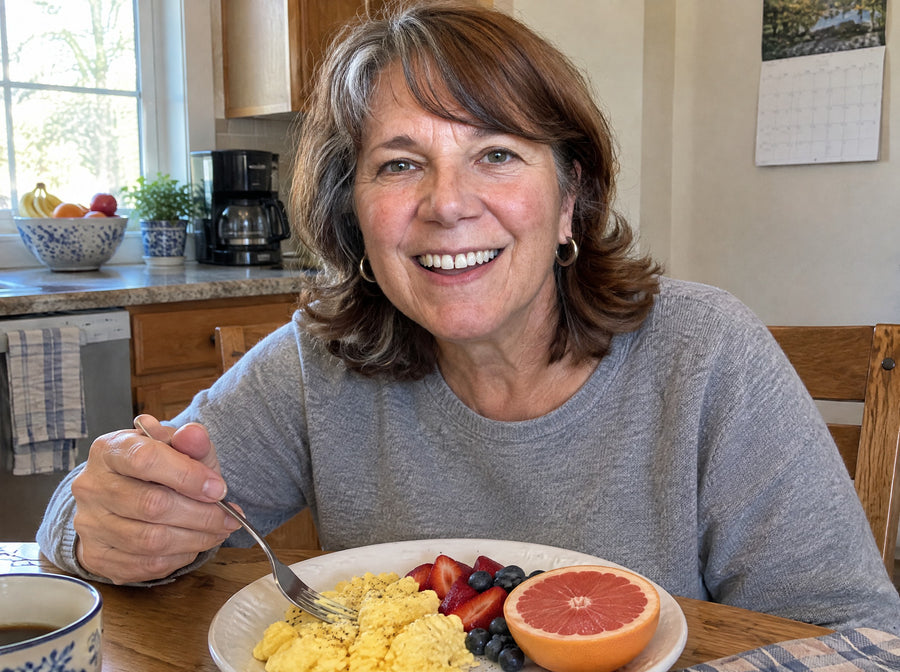 A woman in her 50s smiling at a kitchen table with a breakfast plate and a bowl of fruit