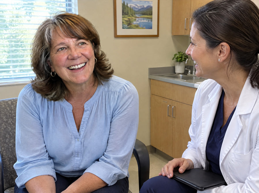 A woman around 57 chatting and smiling with her doctor in a bright office