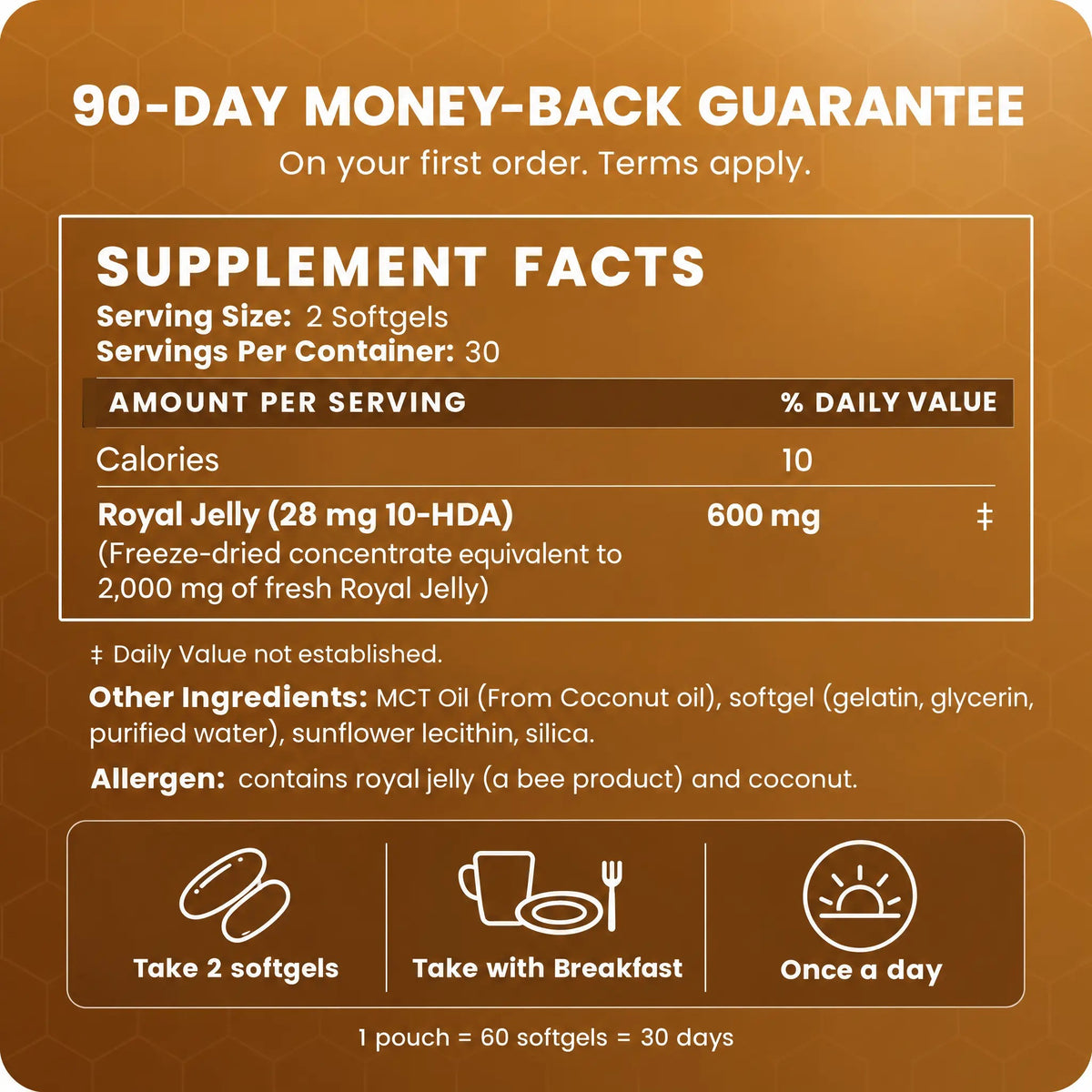 Daylii Royal Jelly supplement facts and how to take: 2 softgels with breakfast, once a day