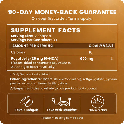 Daylii Royal Jelly supplement facts and how to take: 2 softgels with breakfast, once a day
