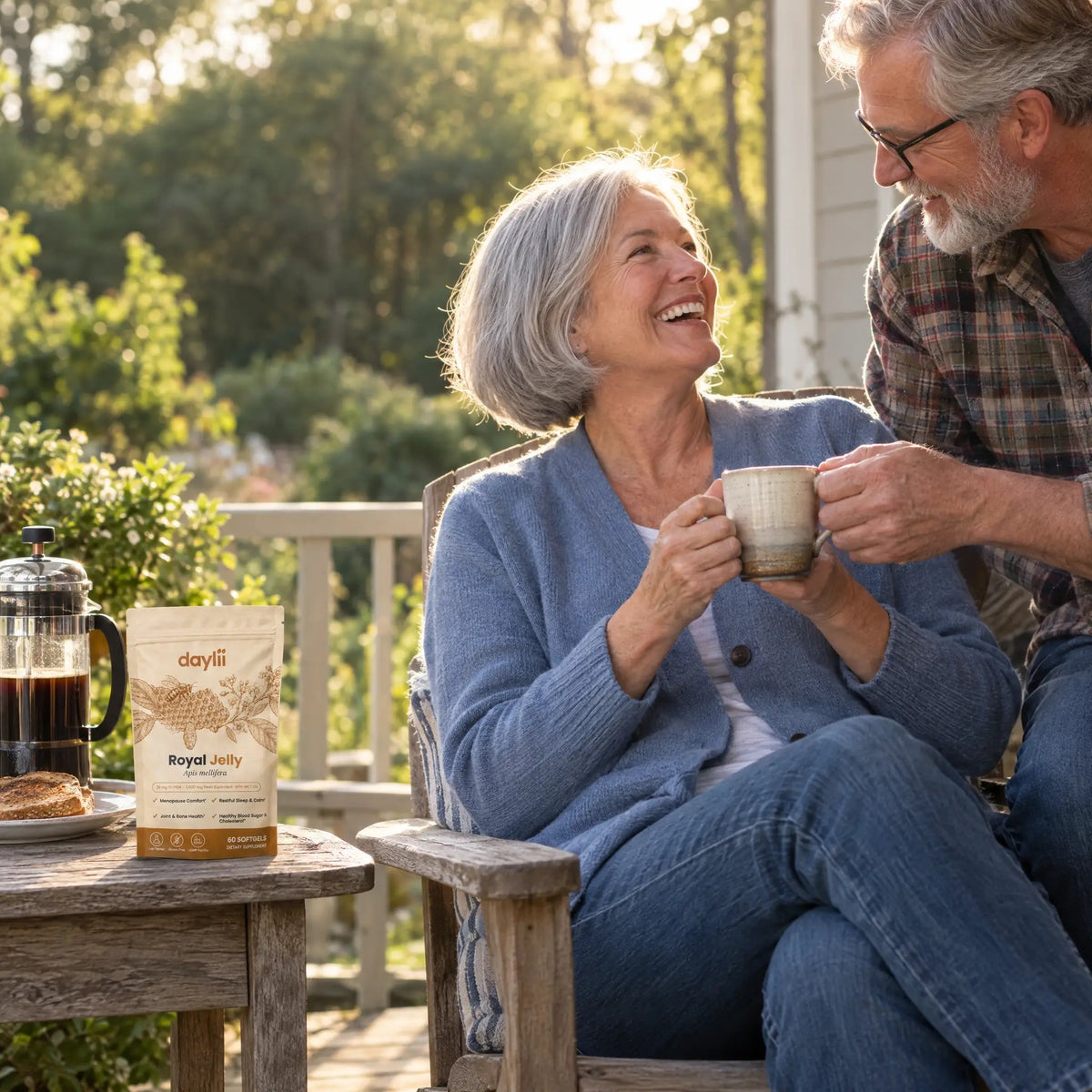 Couple enjoying morning coffee with Daylii Royal Jelly