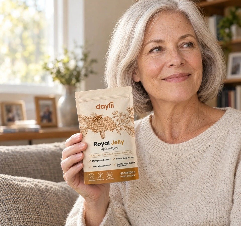 Smiling woman holding a pouch of Daylii Royal Jelly softgels