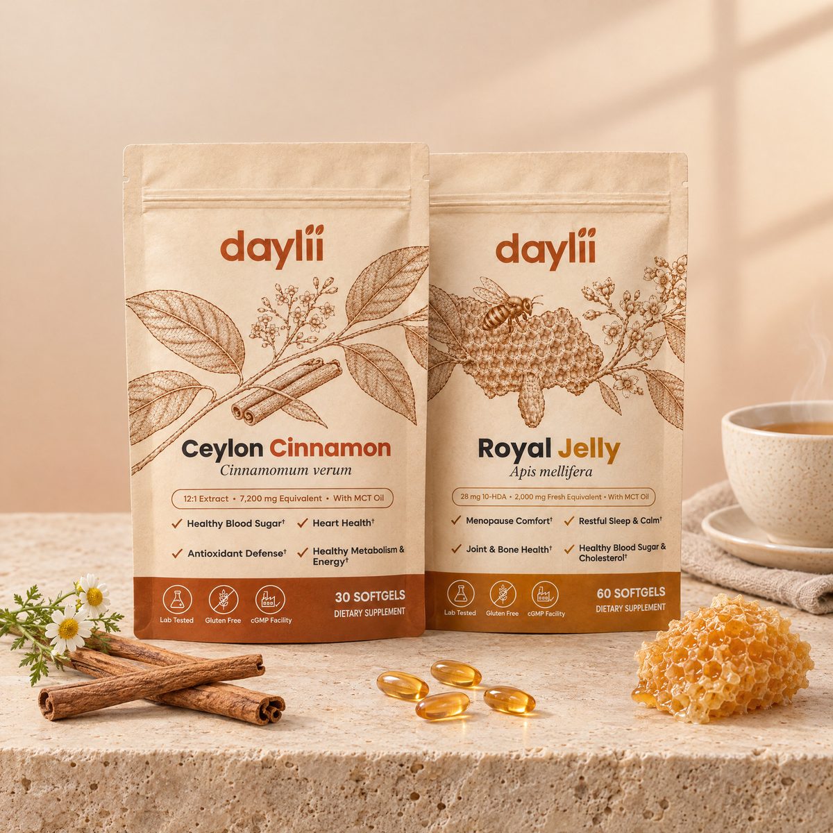 Daylii Ceylon Cinnamon and Royal Jelly softgel pouches