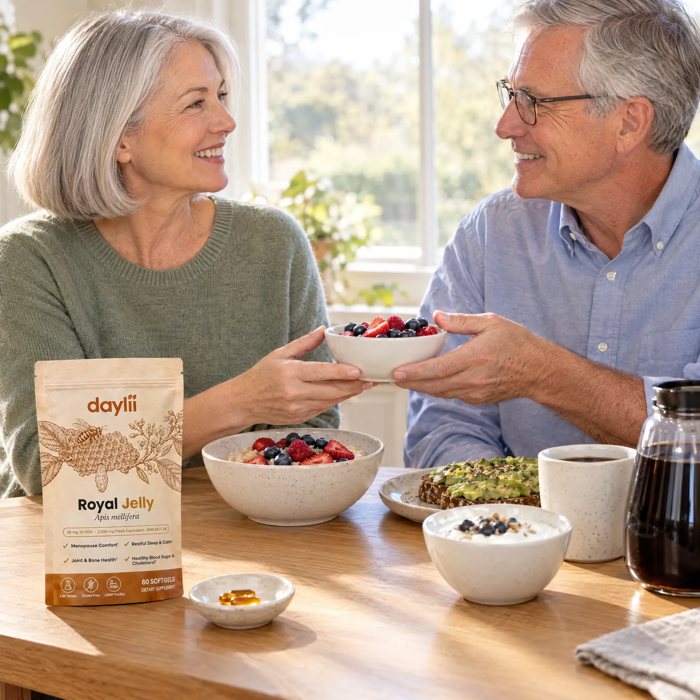 Healthy blood sugar & cholesterol: white American couple 55-70 sharing a balanced breakfast