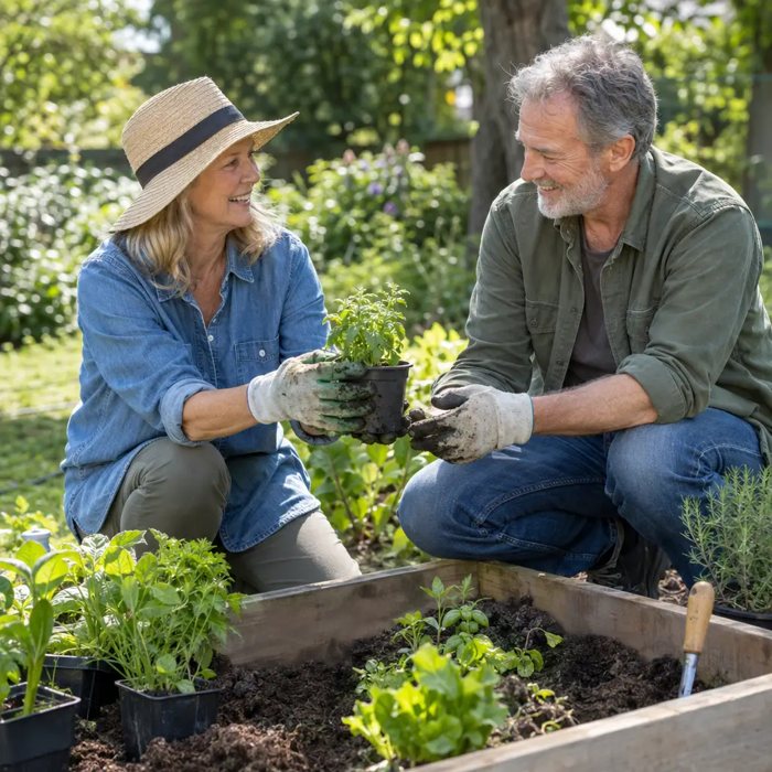 Joint & bone health: white American man and woman 55-70 gardening, comfortable and mobile
