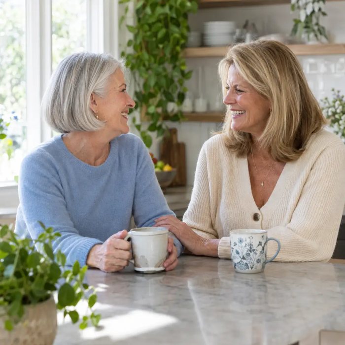 Menopause comfort: two white American women 55-70 chatting over tea in a bright kitchen