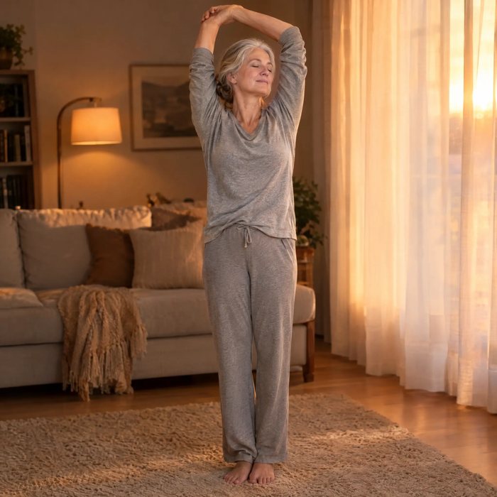 Restful sleep & calm: white American woman 55-70 stretching in a calm living room, soft evening light