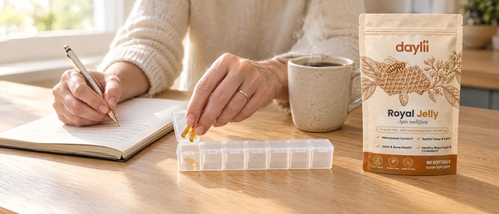 Hands on a kitchen counter: weekly pill organizer, two softgels, notebook and coffee, morning light, no face