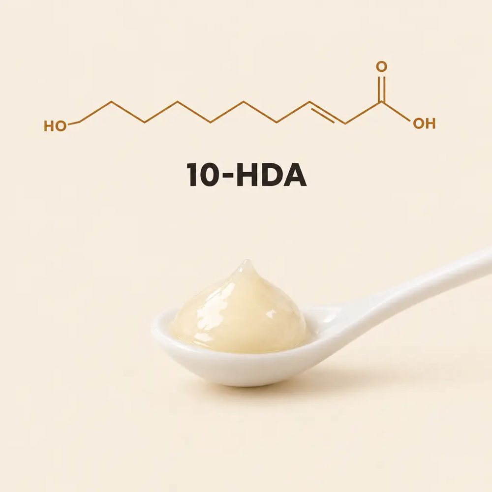 10-HDA molecule illustration over a drop of royal jelly, light background