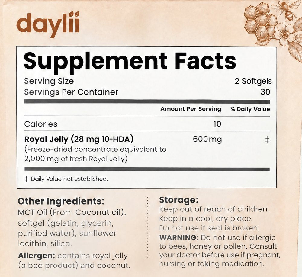 Back of the Daylii Royal Jelly pouch showing the Supplement Facts panel
