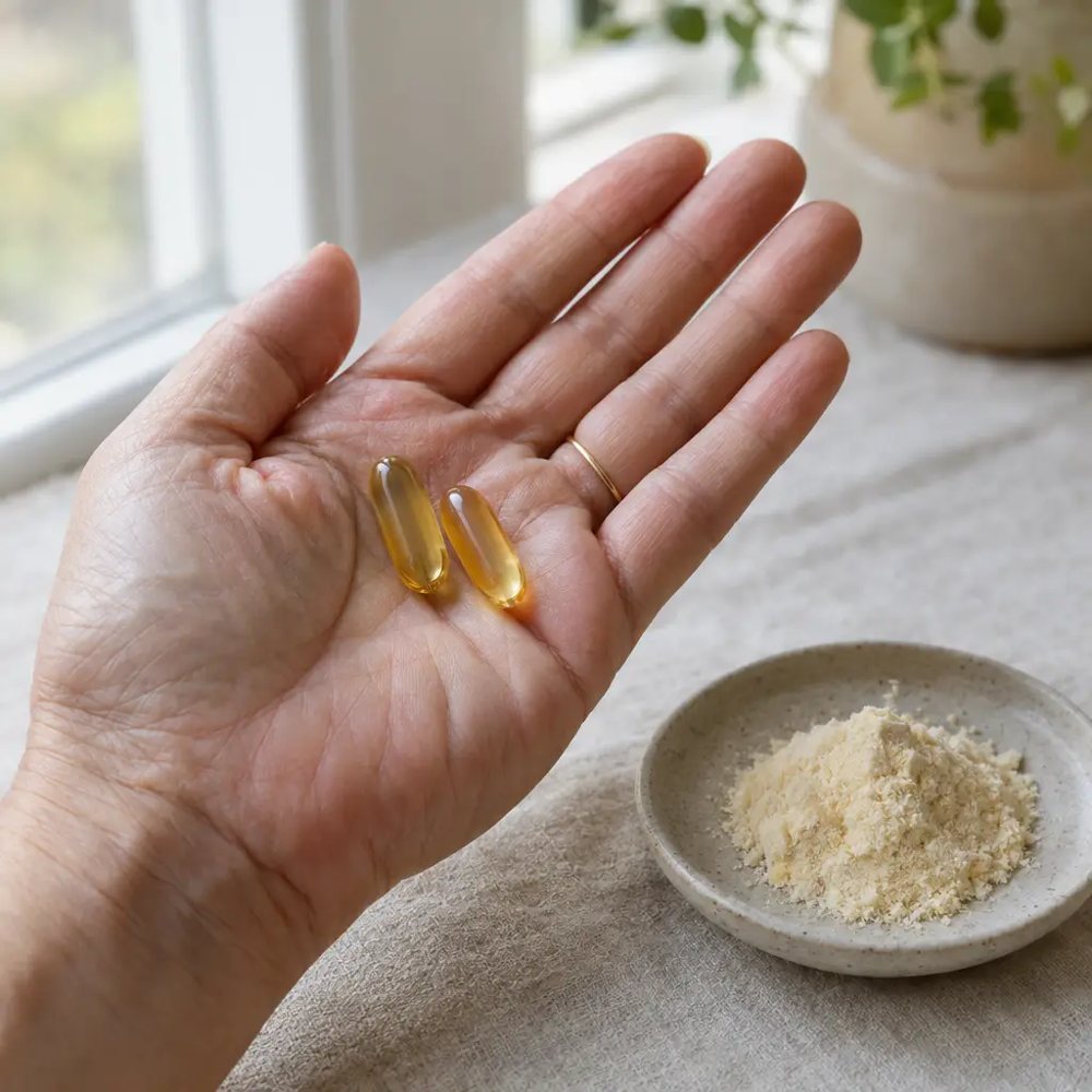 Two amber softgels in an open palm beside cream freeze-dried powder, window light