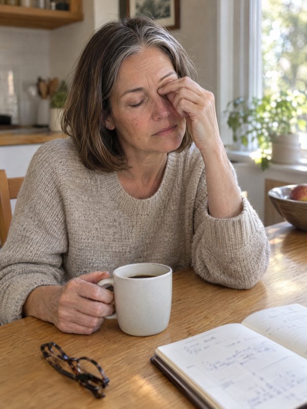 Woman in her mid fifties rubbing her eyes at the kitchen table in the afternoon