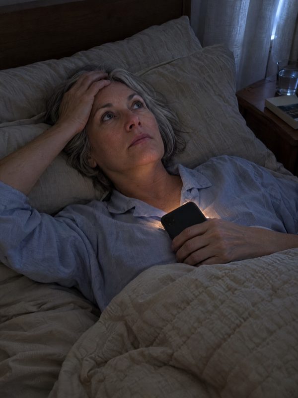 Woman around sixty lying awake in bed at night