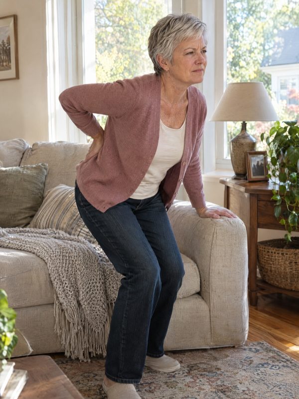 Woman in her sixties standing up slowly from the sofa